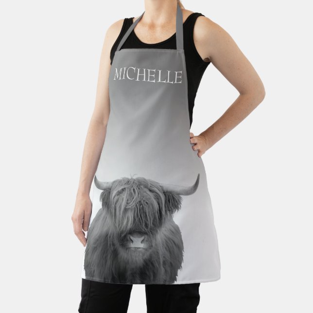 Highland Cow Farmhouse Cabin Grey Personalized Apron (Insitu)