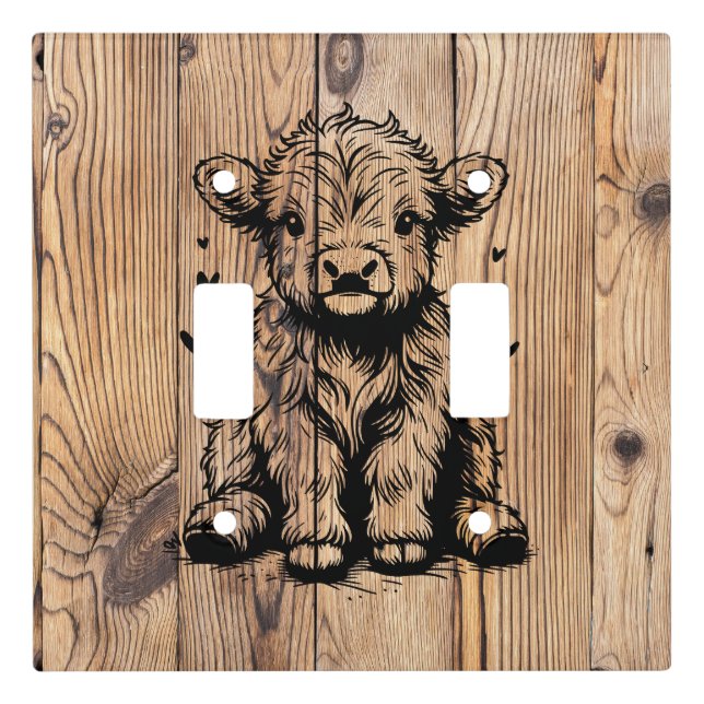 Highland Cow, Faux Wood Back ground Light Switch Cover (Front)