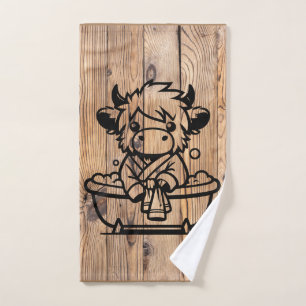 Highland Cow Faux Woodgrain Bath Towel Set