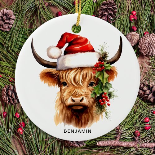 Highland Cow Festive Farm Animal Christmas Ceramic Ornament