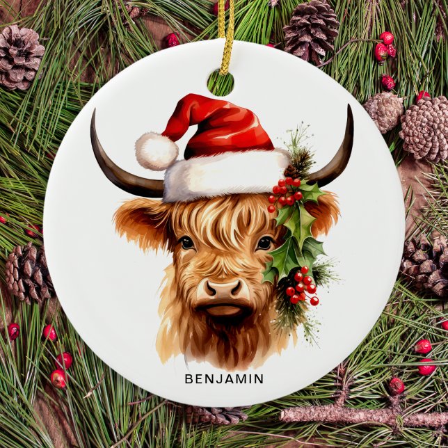 Highland Cow Festive Farm Animal Christmas Ceramic Ornament (Creator Uploaded)