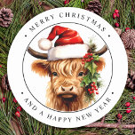 Highland Cow Festive Farm Animal Merry Christmas Classic Round Sticker<br><div class="desc">Looking for an adorable and unique way to send your Christmas greetings this year? Look no further than our highland cow and calf Christmas cards! Featuring a cute and festive design, these cards are perfect for cow lovers, country, and western enthusiasts alike. Each card features a highland cow wearing a...</div>
