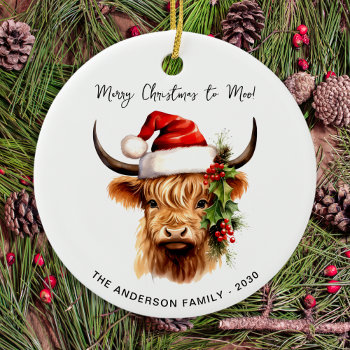 Highland Cow Festive Farm Merry Christmas To Moo Ceramic Ornament by BlackDogArtJudy at Zazzle
