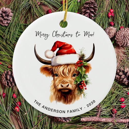 Highland Cow Festive Farm Merry Christmas to MOO Ceramic Ornament