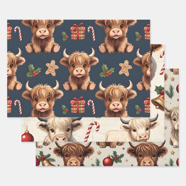 Highland Cow Festive Santa Christmas Wrapping Paper Sheets (Set)