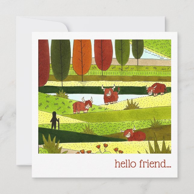 Highland Cow Field Hello Friend Note Card (Front)