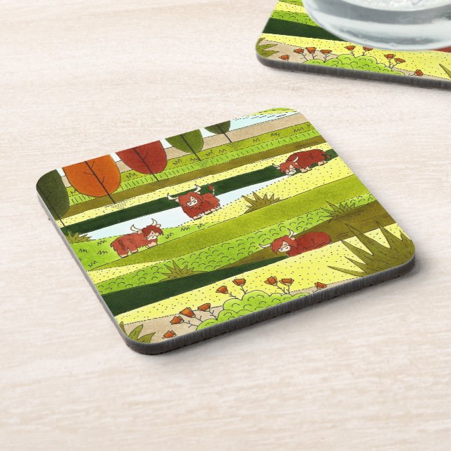 Highland Cow Fields Art  Beverage Coaster (Left Side)