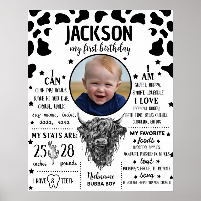 Highland Cow First Birthday Milestone sign 1066 (Front)