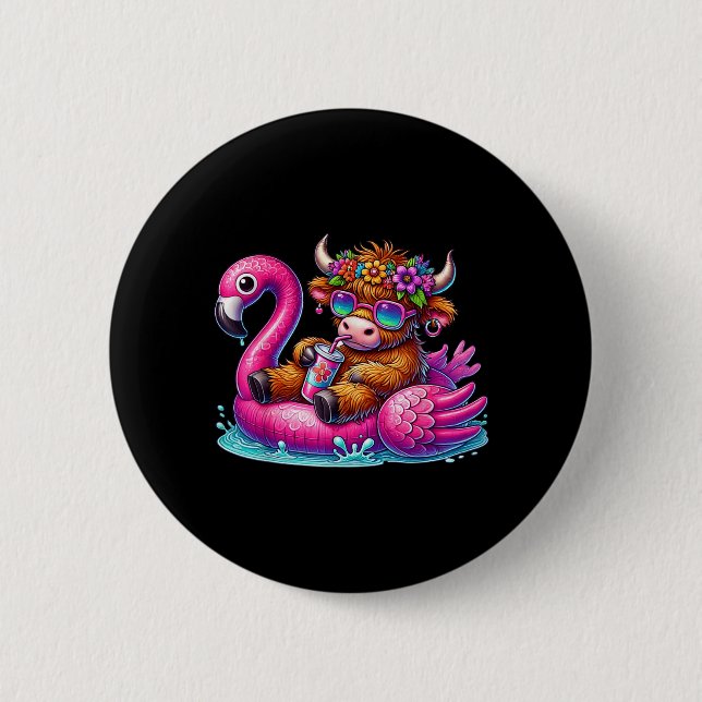 Highland Cow Flamingo ol Float Summer Hawaii Beach Button (Front)