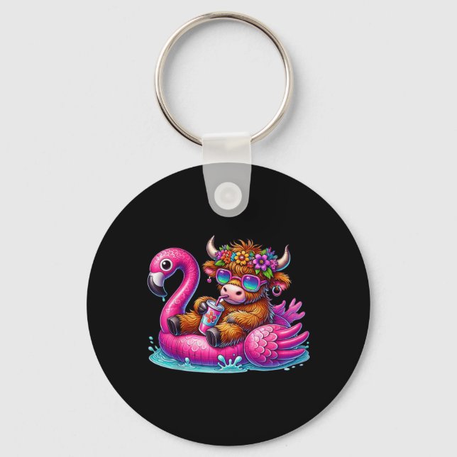 Highland Cow Flamingo ol Float Summer Hawaii Beach Keychain (Front)