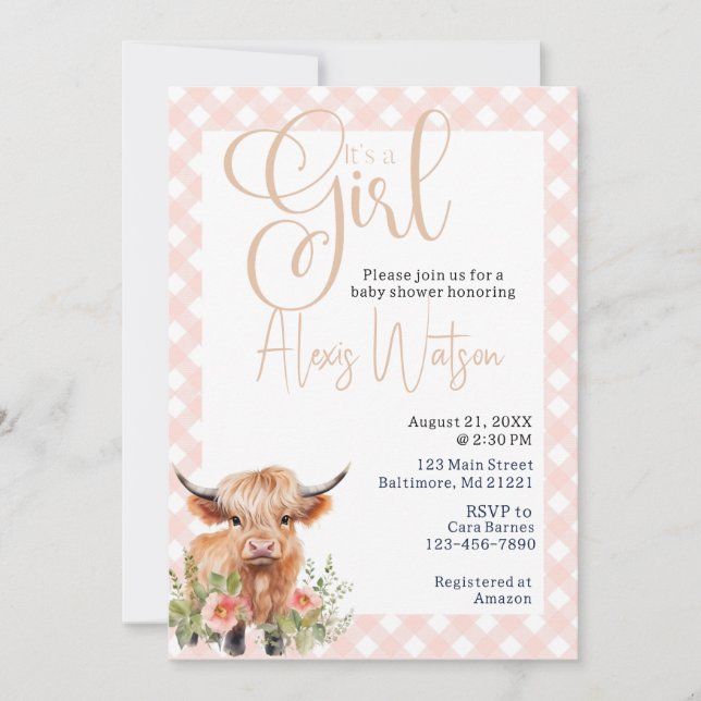  highland cow floral and pink gingham baby shower invitation (Front)