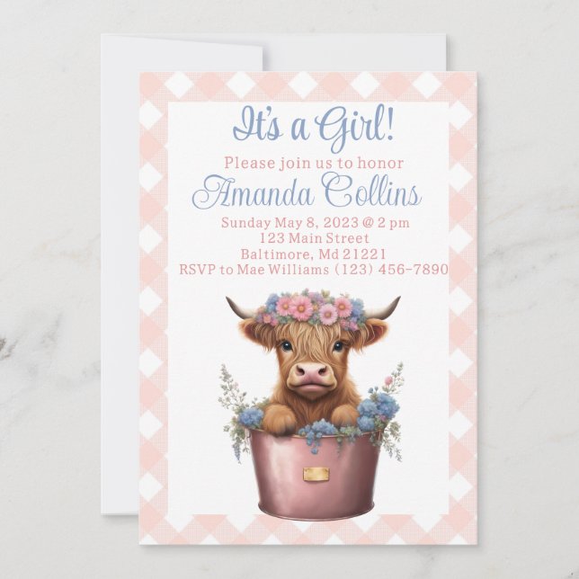 Highland cow floral baby shower invitation (Front)