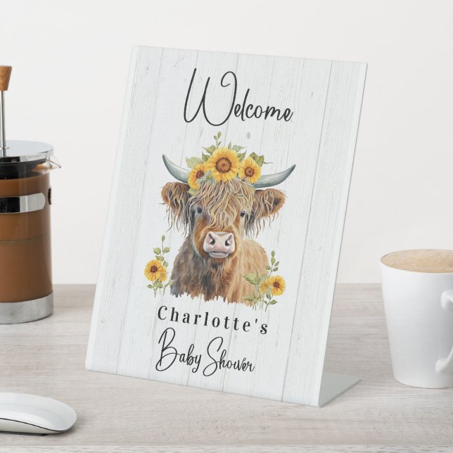 Highland Cow Floral Boho Farm Animal Bridal Shower Pedestal Sign (In SItu)