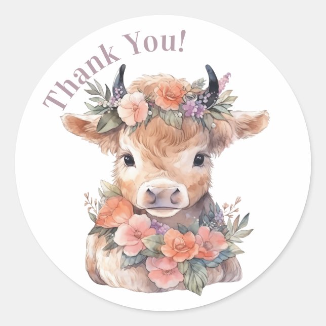 Highland cow floral boho party favor sticker (Front)