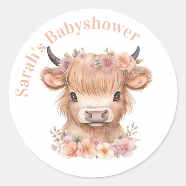Highland cow floral boho party favor sticker (Front)
