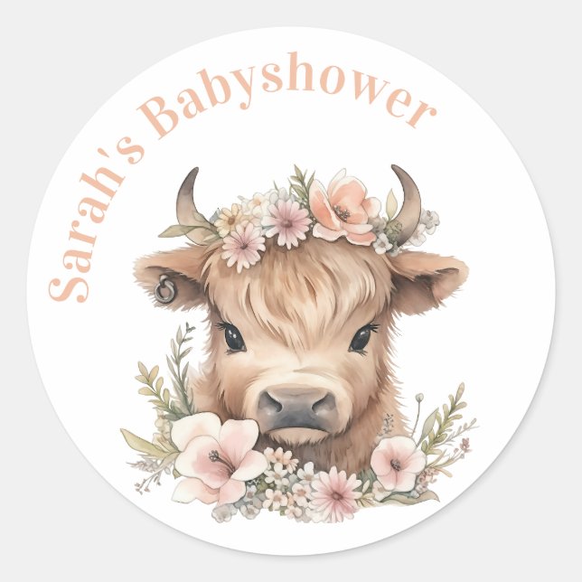 Highland cow floral boho party favor sticker (Front)