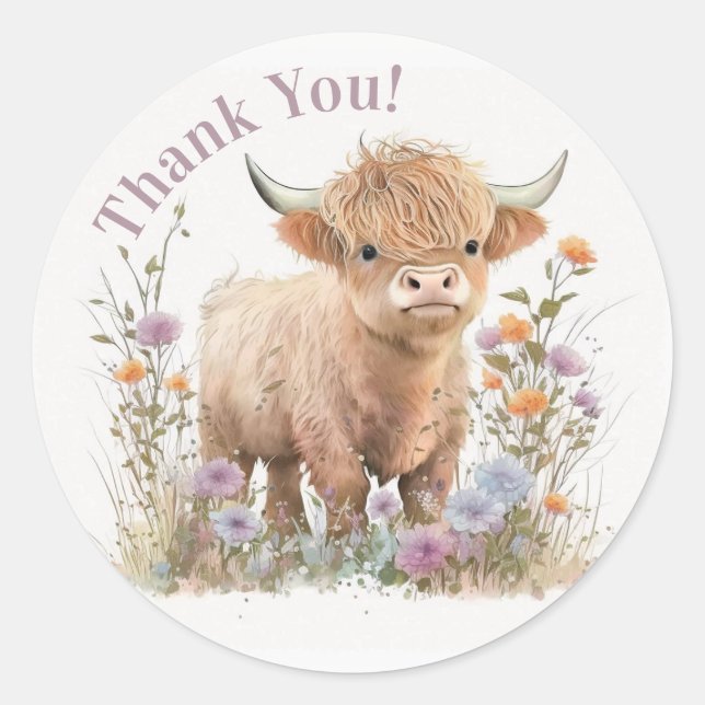 Highland cow floral boho party favor sticker (Front)