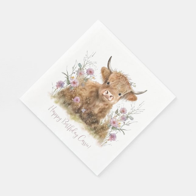Highland cow floral boho party napkins (Corner)