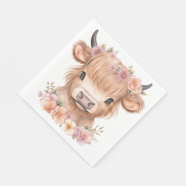Highland cow floral boho party napkins (Corner)