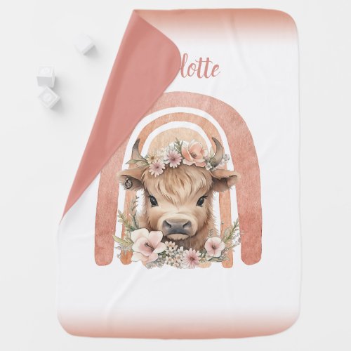 Highland cow floral boho personalized baby blanket