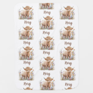 Highland cow floral boho watercolor personalized  baby blanket