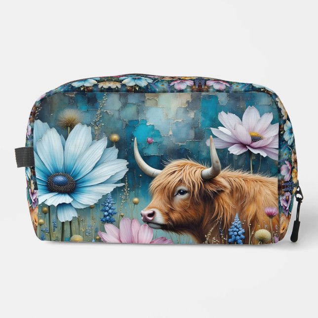 Highland Cow Floral Colorful Cosmos Tapestry Dopp Kit (Front)