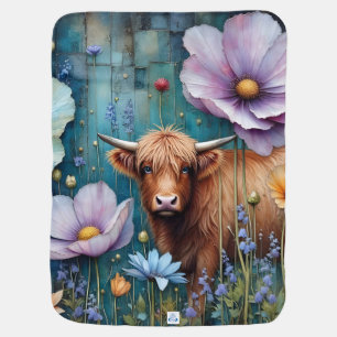 Highland Cow Floral Colorful Cosmos Tapestry II Baby Blanket