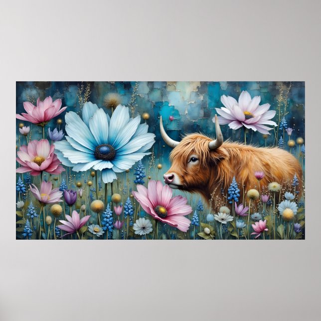 Highland Cow Floral Colorful Cosmos Tapestry II Poster (Front)