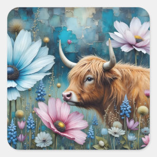 Highland Cow Floral Colorful Cosmos Tapestry II Square Sticker