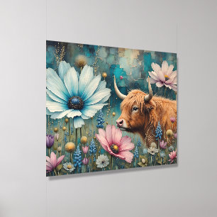 Highland Cow Floral Colorful Cosmos Tapestry II Wood Photo Tile
