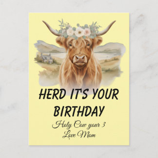 Highland Cow Floral Crown Birthday Greeting Postcard
