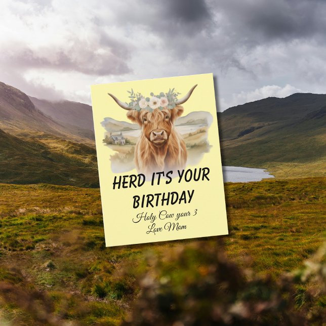 Highland Cow Floral Crown Birthday Greeting Postcard (Creator Uploaded)