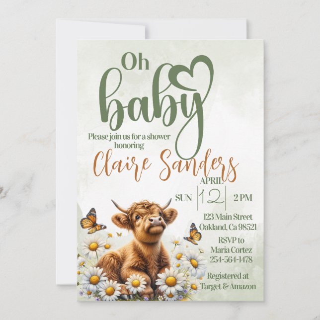 Highland cow floral daisy baby shower invitation  (Front)