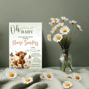 Highland cow floral daisy baby shower invitation