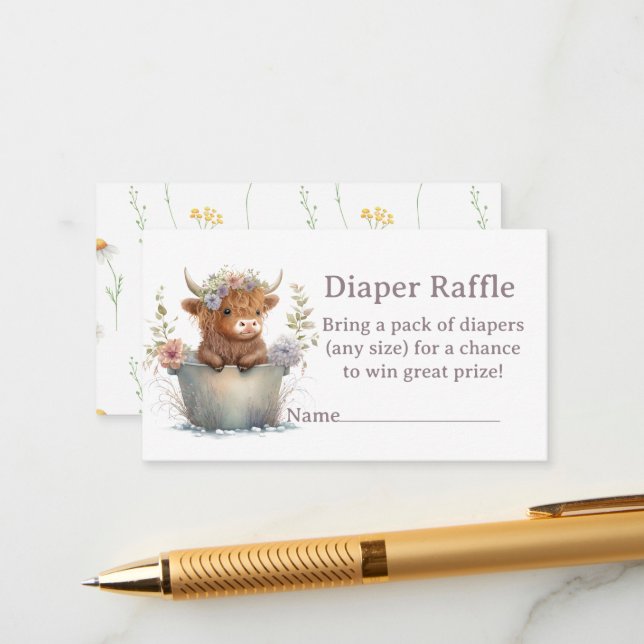 Highland Cow floral girl diaper raffle Enclosure Card (Front/Back In Situ)