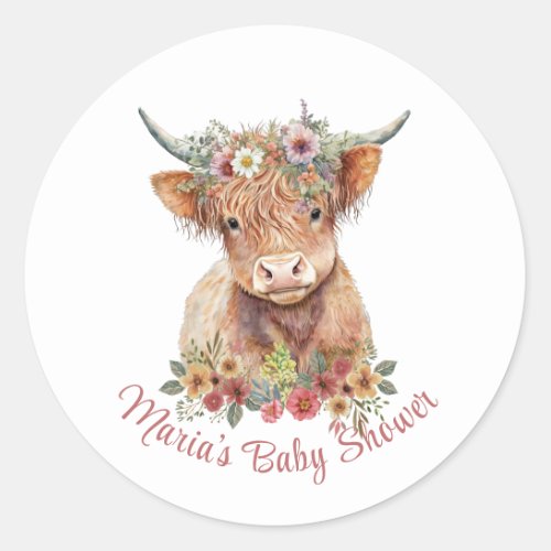 Highland Cow Floral Illustration Cute Rustic  Classic Round Sticker