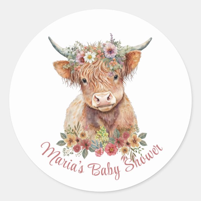 Highland Cow Floral Illustration Cute Rustic  Classic Round Sticker (Front)