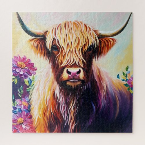 Highland Cow Floral Multicolor Art Jigsaw Puzzle