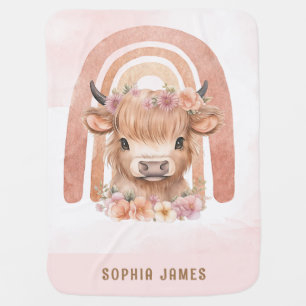 Highland cow floral pink personalized baby blanket