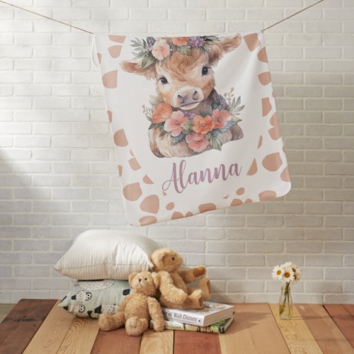 Highland cow floral pink watercolor baby blanket