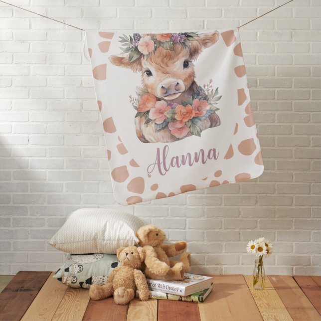 Highland cow floral pink watercolor baby blanket (In Situ)