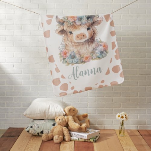Highland cow floral pink watercolor baby blanket