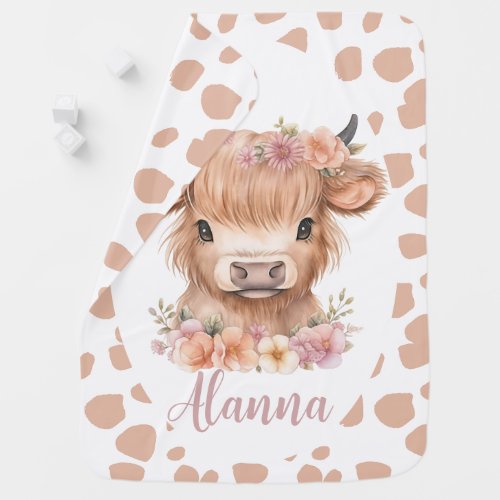 Highland cow floral pink watercolor baby blanket