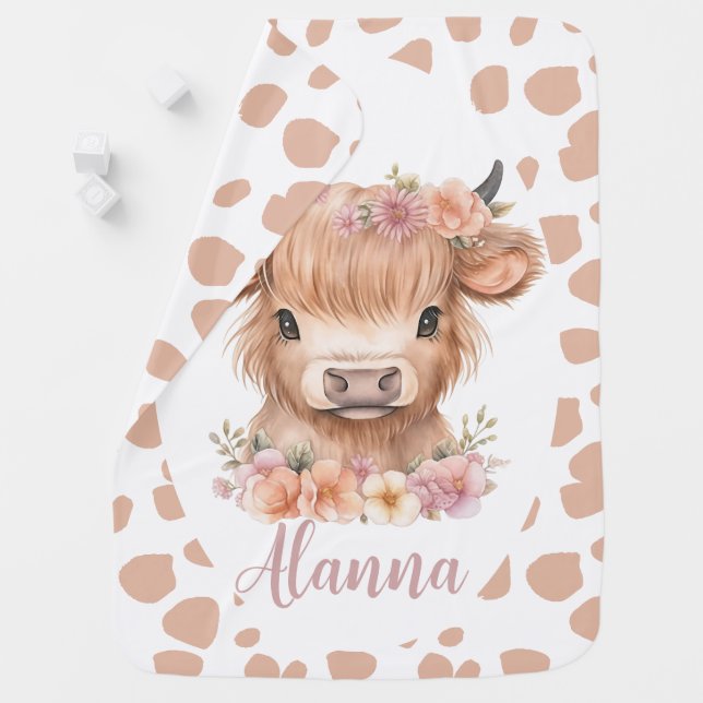 Highland cow floral pink watercolor baby blanket (In Situ)