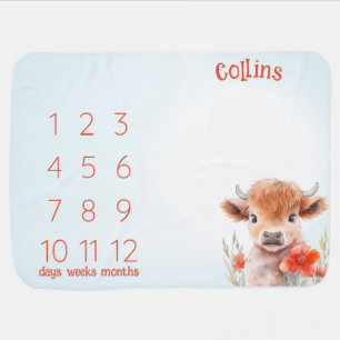 Highland cow floral watercolor milestone blanket