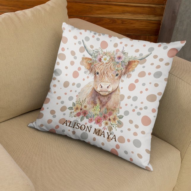 Highland Cow Floral Watercolor Natural Color  Throw Pillow (Creator Uploaded)