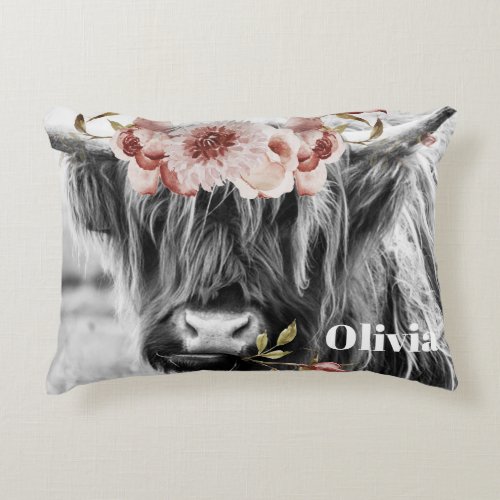 Highland Cow Floral  Western Cowgirl Kids Name Accent Pillow