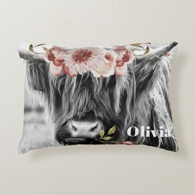 Highland Cow Floral | Western Cowgirl Kids Name Accent Pillow (Front)