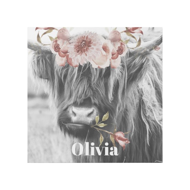 Highland Cow Floral | Western Cowgirl Kids Name Gallery Wrap (Front)