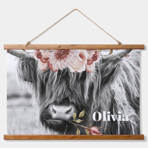 Highland Cow Floral  Western Cowgirl Kids Name Hanging Tapestry